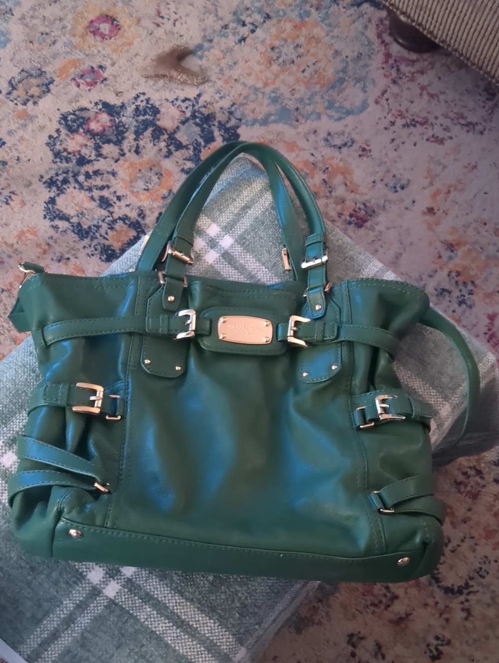 Y2K Michael Kors Green Leather Tote with Gold Hardware